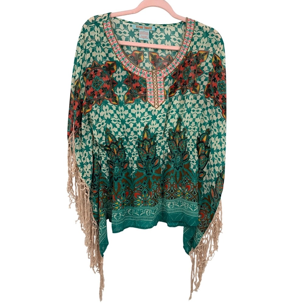 Flying Tomato Boho Fringe Poncho Top Large Festival Kimono